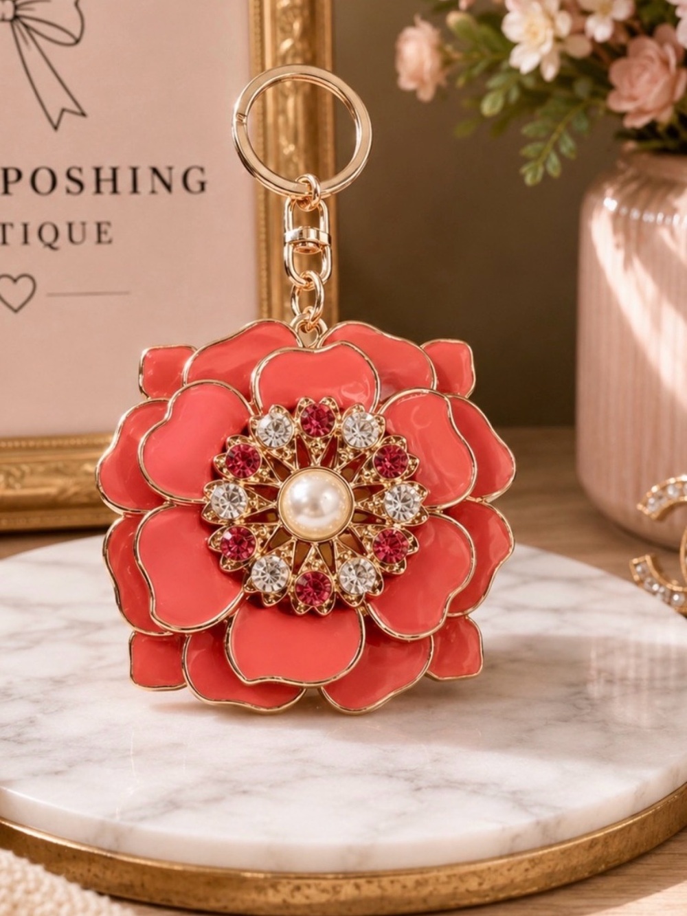 Elegant Coral Flower Keychain Charm with Pearled Center